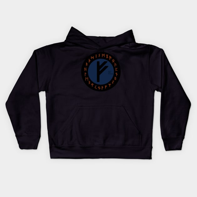 Blue Fehu Elder Futhark | Viking Rune Symbol Kids Hoodie by DepicSpirit